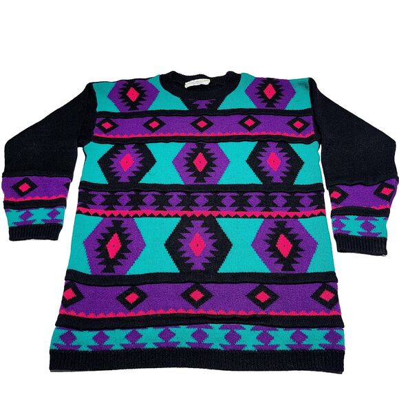 Vintage North American Sweaters Oversized Acrylic Aztec 90's Womens Large Neon - Picture 1 of 7